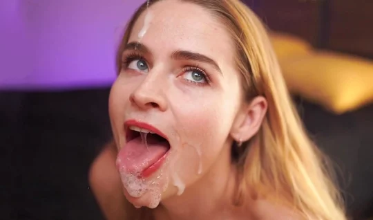 Russian blonde gets dirty with cum while sucking cock